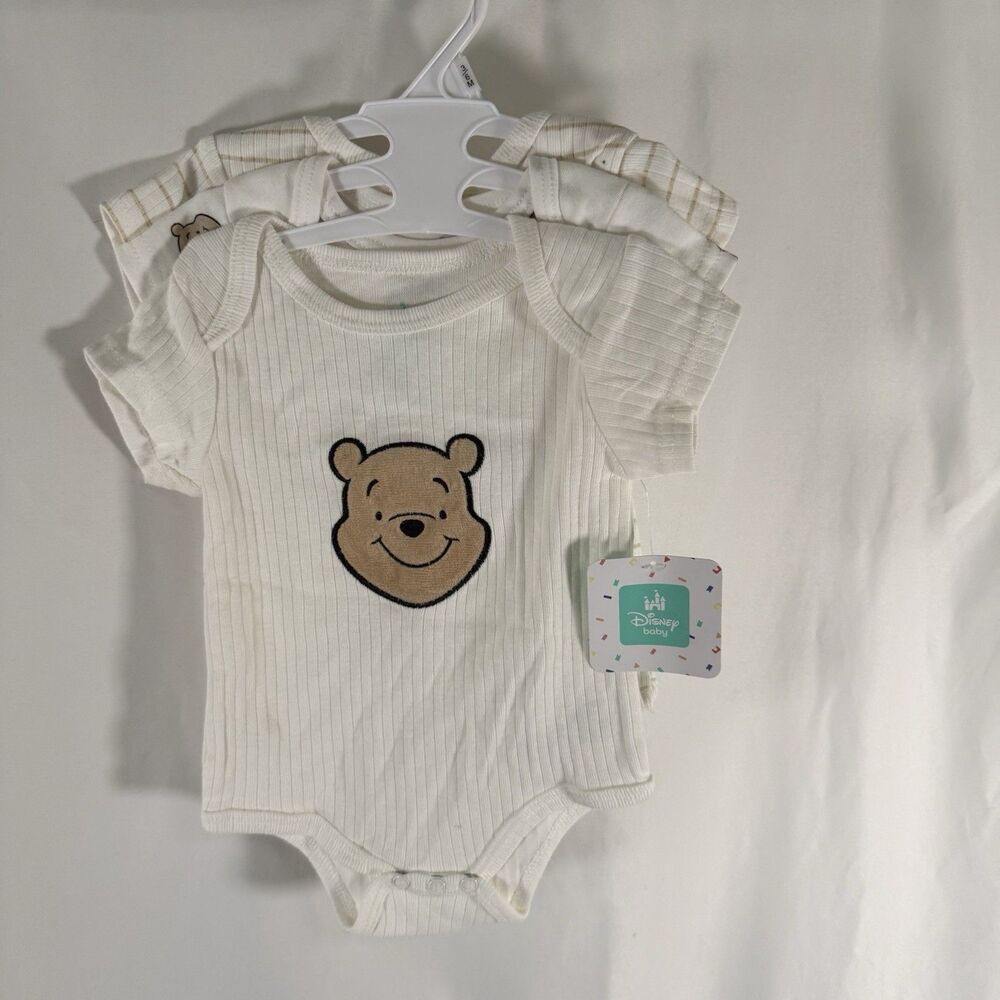 New Disney Baby Winnie Pooh Bodysuit 3-6 Months Set of 3 Cream Short Sleeve
